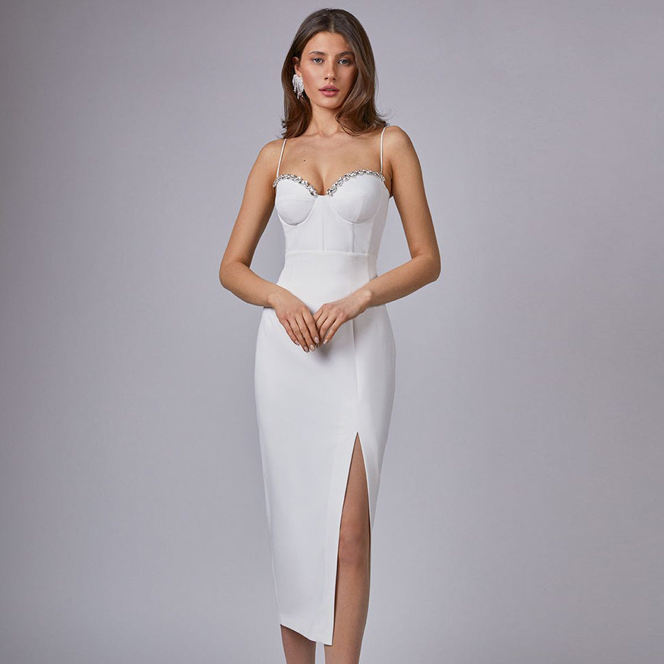 Spaghetti Strap Sweetheart Crystal Trim Bustier High Split Maxi Dress