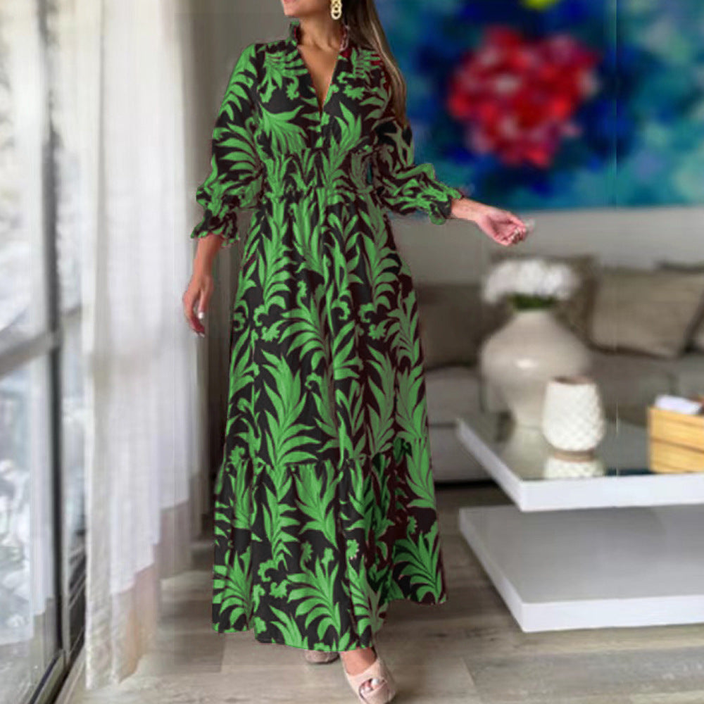 Leaf Print V-Neck Puff Sleeve Smocked Waist Tiered Maxi Dress 9
