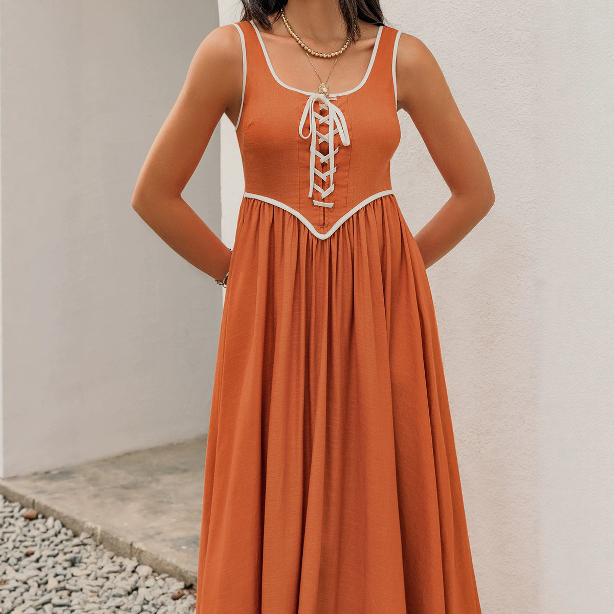 Contrast Piping Scoop Neck Sleeveless Lace Up Front Fit and Flare Maxi Dress 4