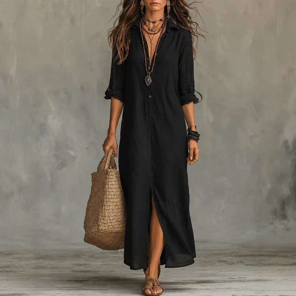 Collared Button Front Roll Tab Sleeve Front Split Maxi Shirt Dress