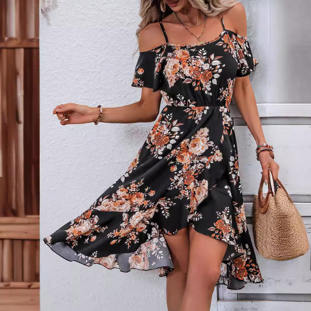 Floral Print Cold Shoulder Ruffle Wrap Hem High Low Midi Dress 4