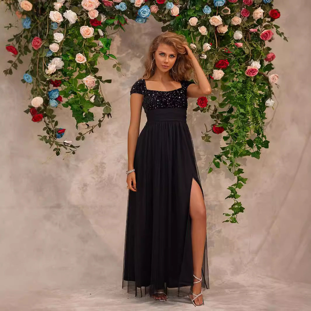 Sequin Square Neck Cap Sleeve High Split Tulle Maxi Dress