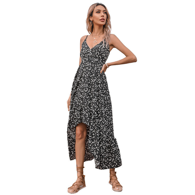 Floral Spaghetti Strap V-Neck Tiered High Split Midi Dress