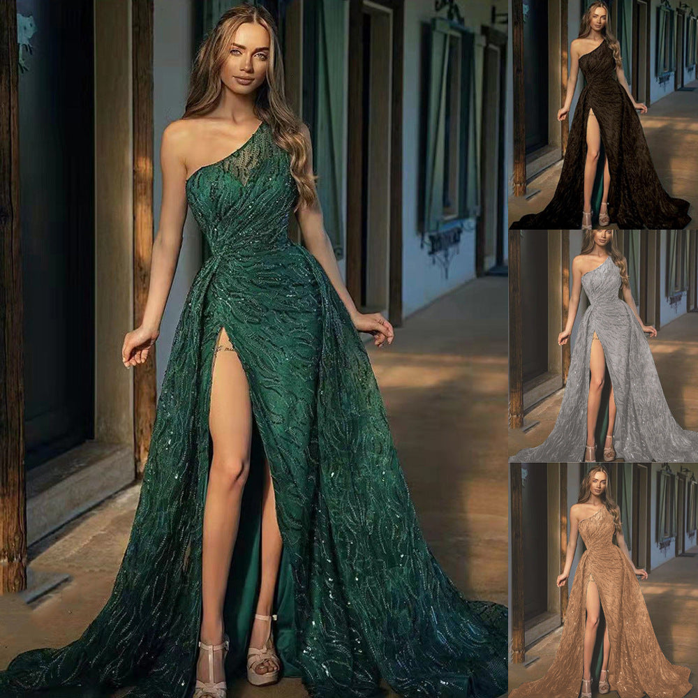 Off-Shoulder Slit Sequined Halter Dress