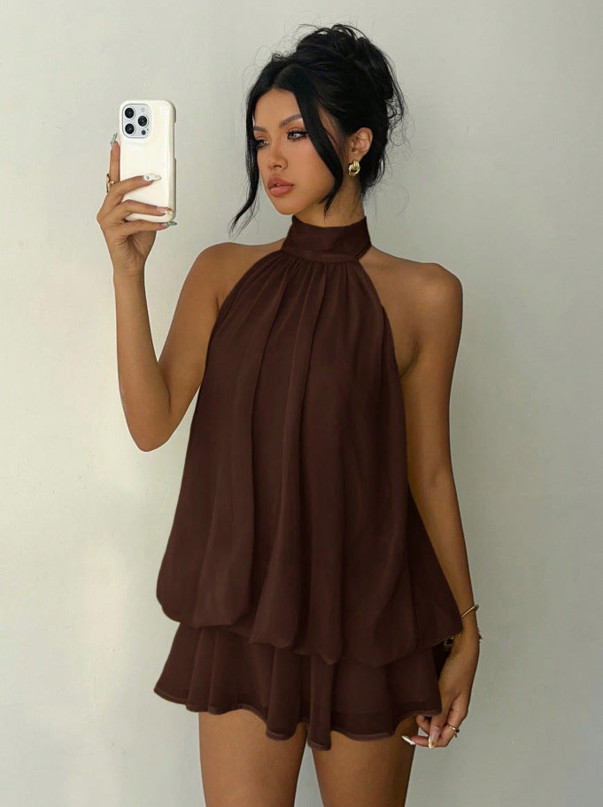 Mock Halter Neck Sleeveless Sheer Layered Ruffle Hem Romper 9
