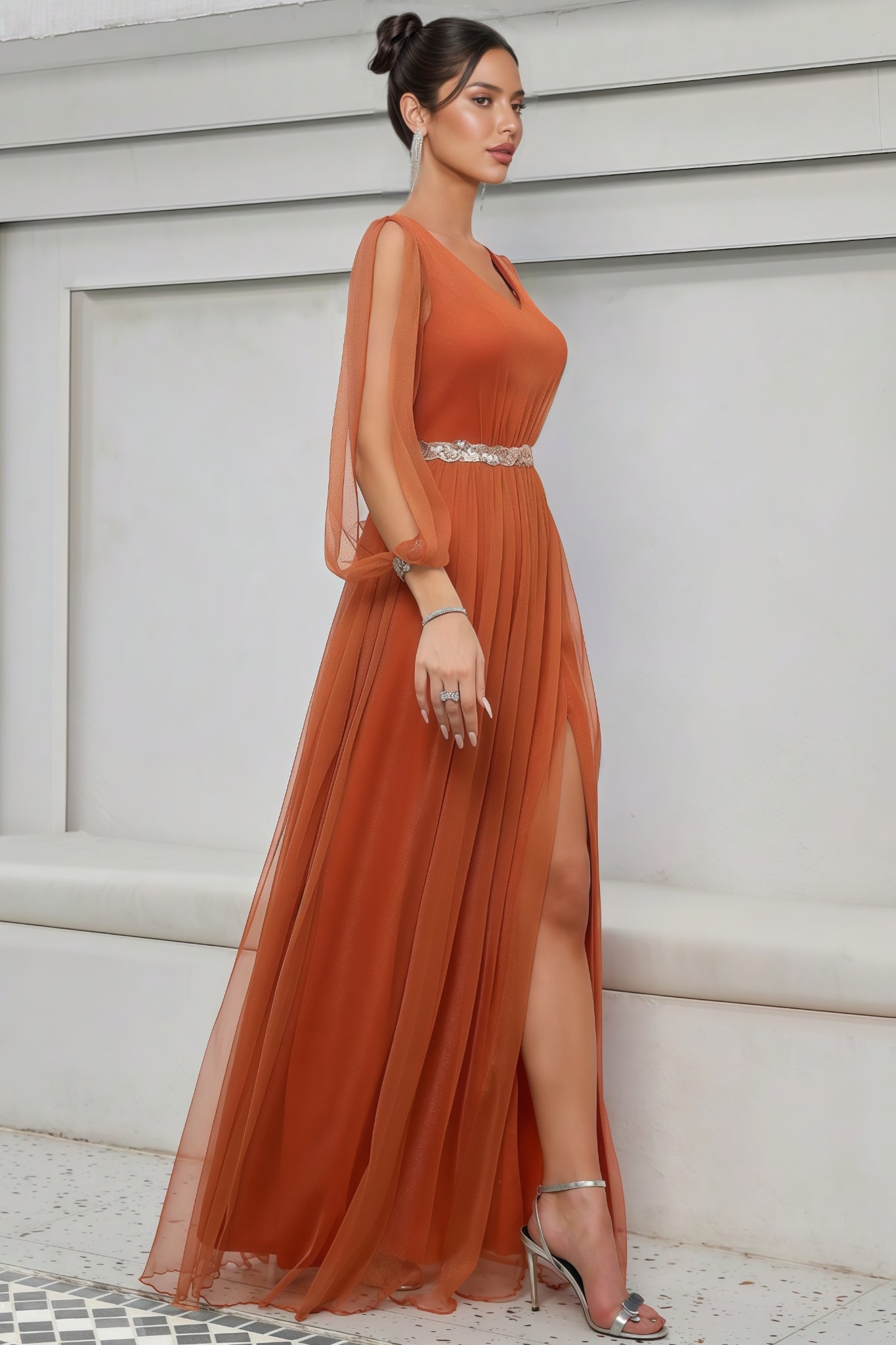 Kole Orange V-neck Mesh Slit Maxi Dress - View 4