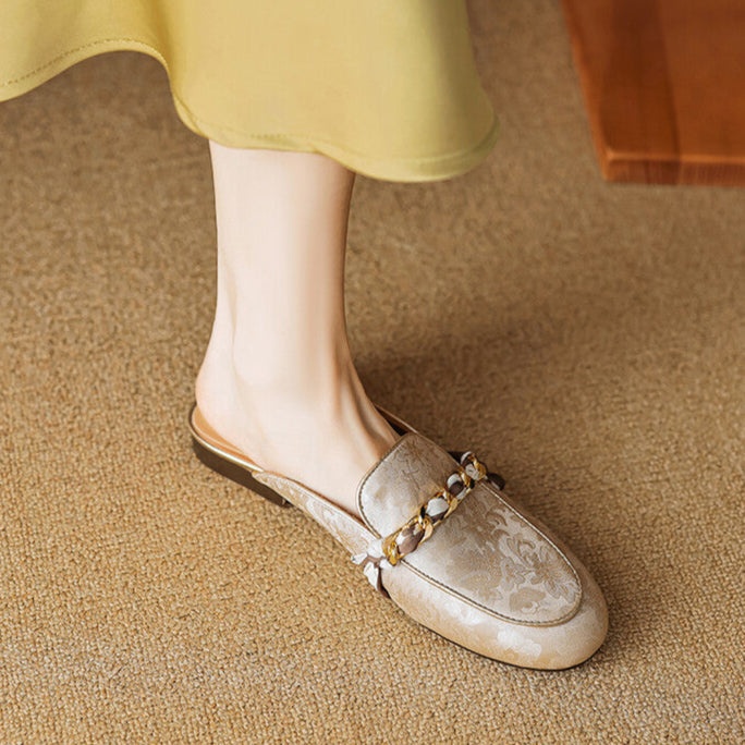 Floral Jacquard Chain Detail Pointed Toe Flat Mules
