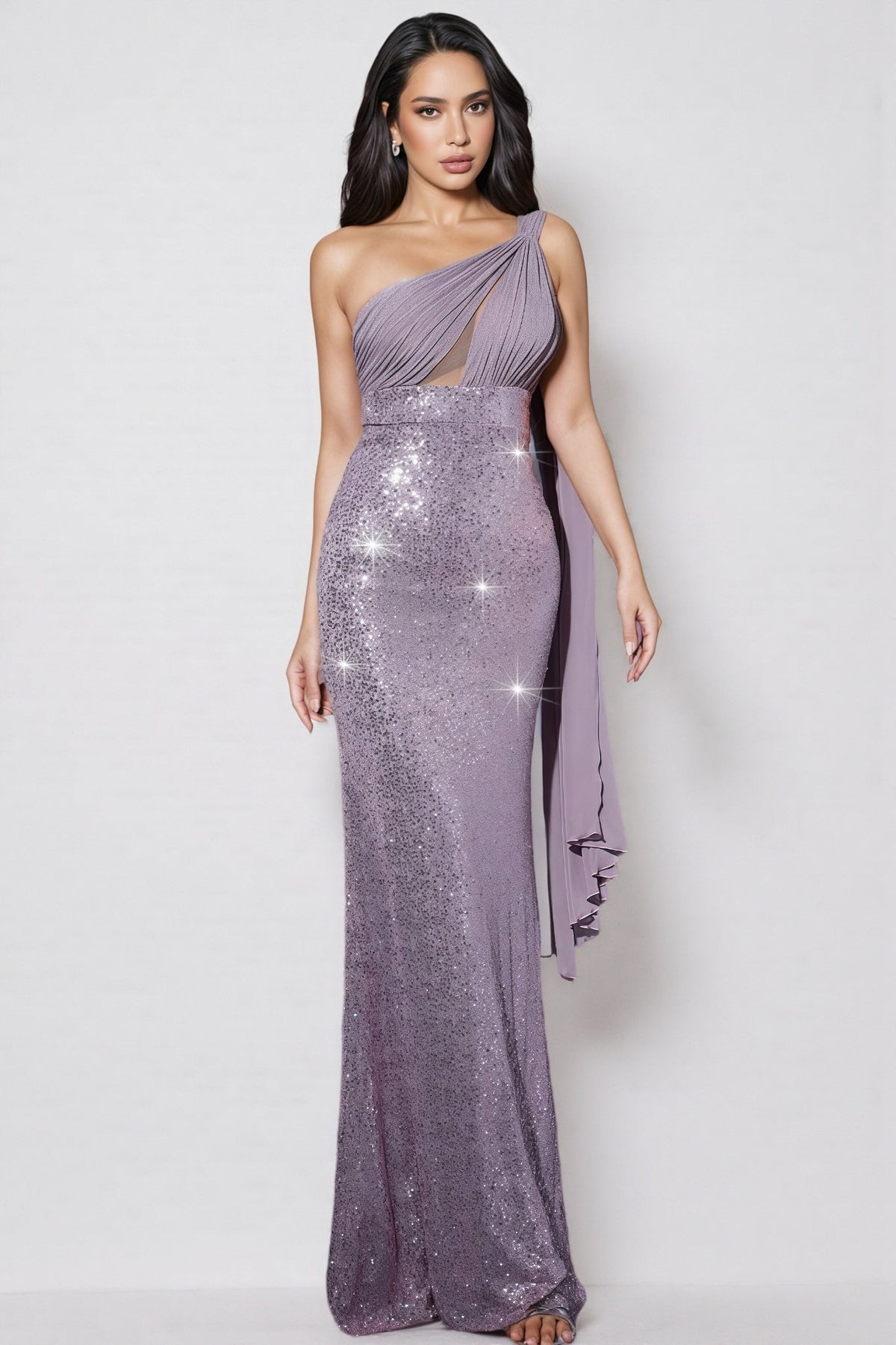 One Shoulder Ruched Bodice Sequin Draped Mermaid Maxi Gown