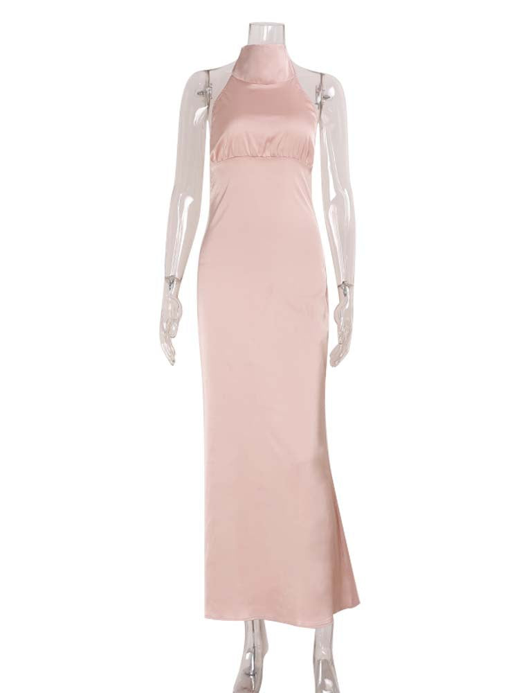 Satin Mock Neck Halter Sleeveless Ruched Bust Mermaid Maxi Dress 3