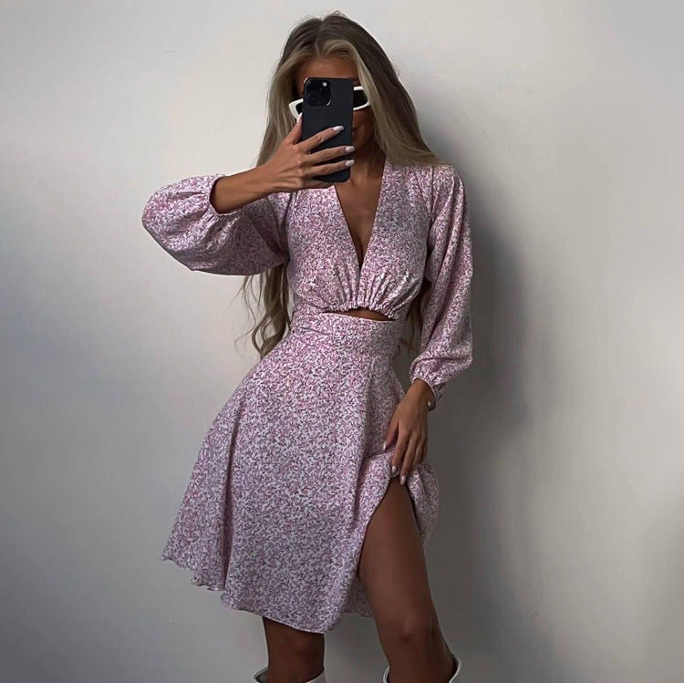 Long Sleeve V neck pirational Design Dress Slimming Printed French Dress