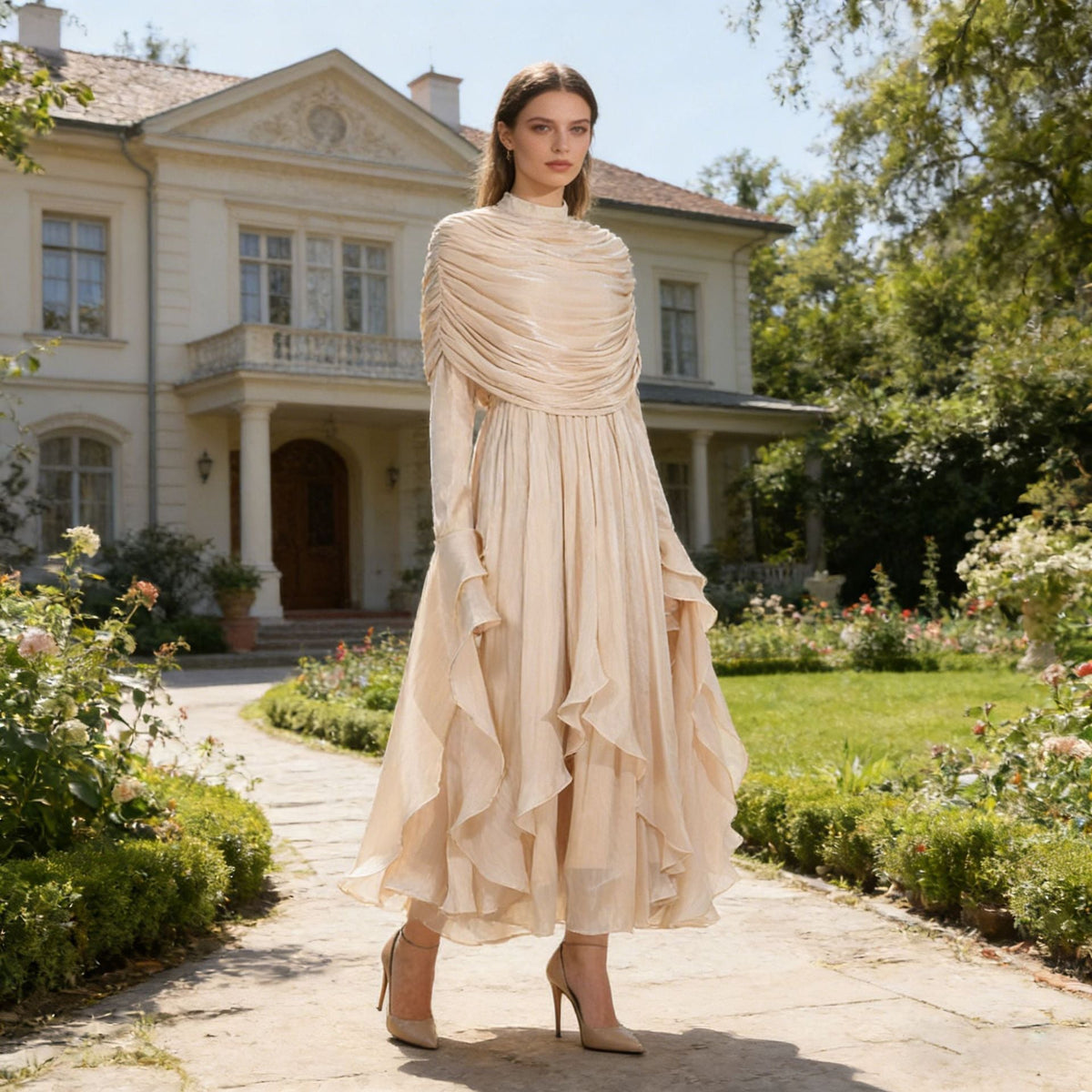 Elegant Retro Design Fashionable Pleated Ruffled Slim Dress Women