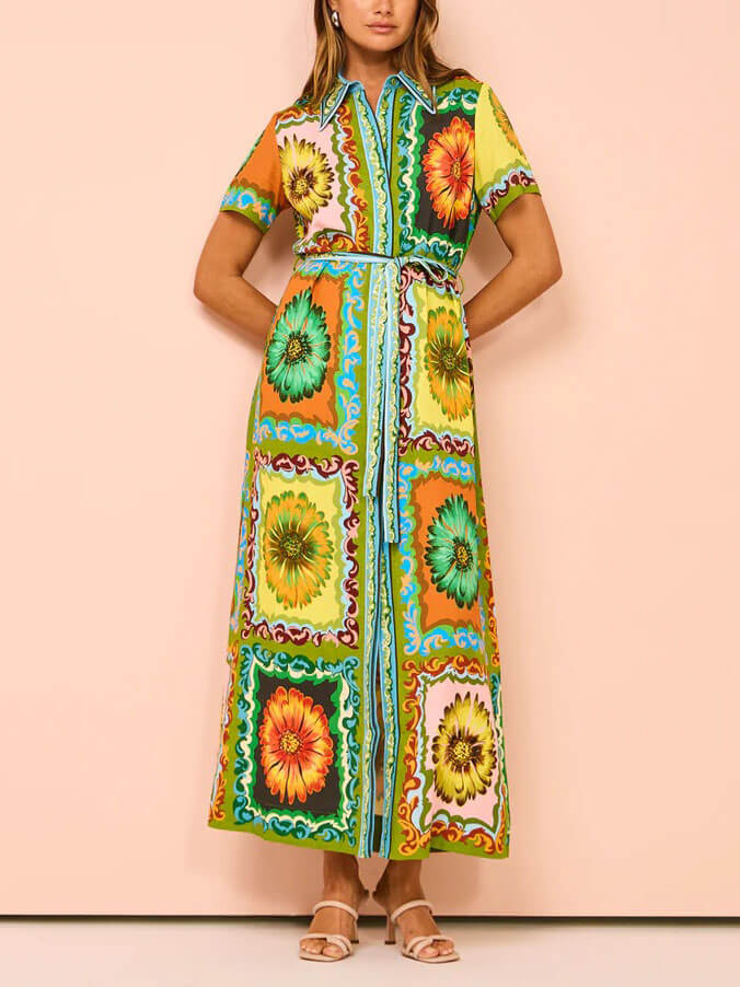 Floral Patchwork Print Collared Short Sleeve Button Front Belted Maxi Shirt Dress