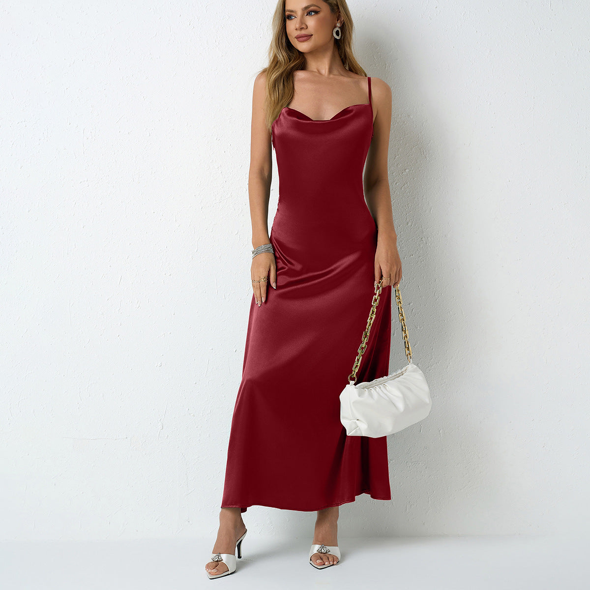 Satin Cowl Neck Spaghetti Strap Fitted Maxi Slip Dress