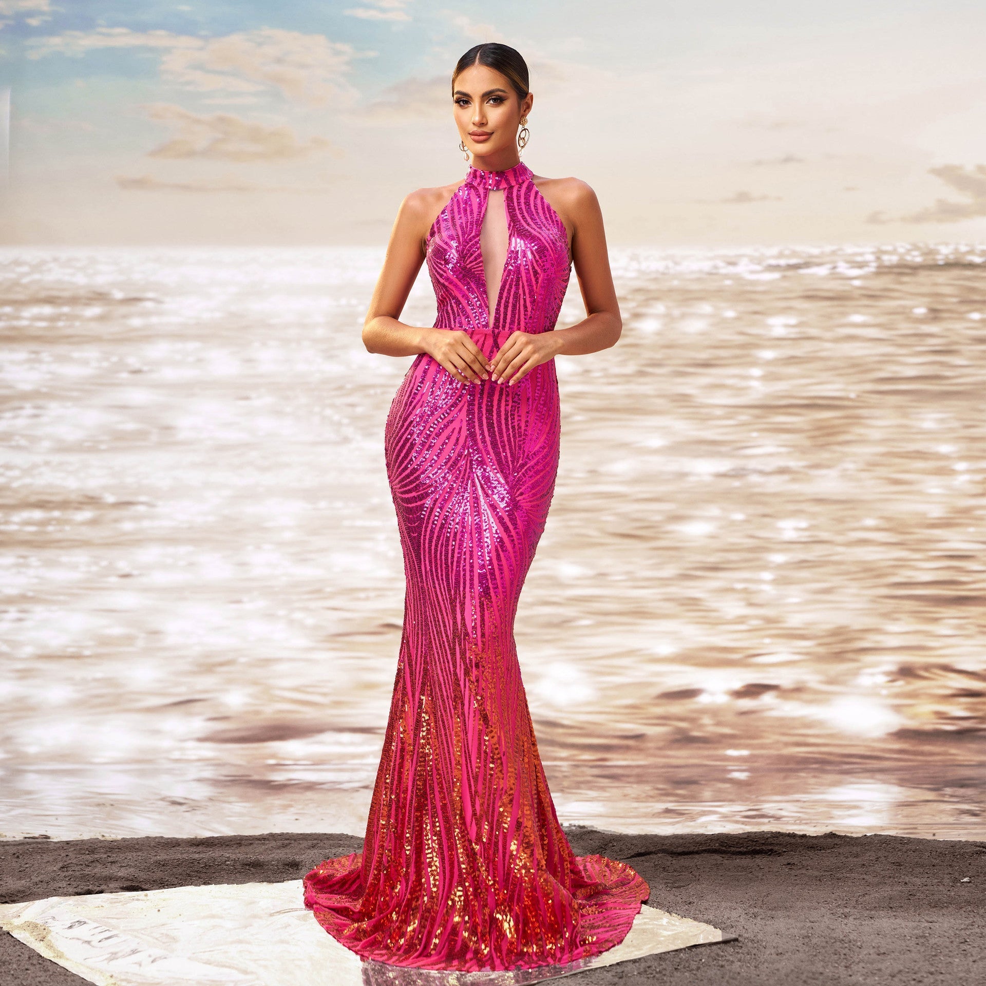 Sequin Halter Neck Keyhole Cut Out Mermaid Flared Hem Formal Gown