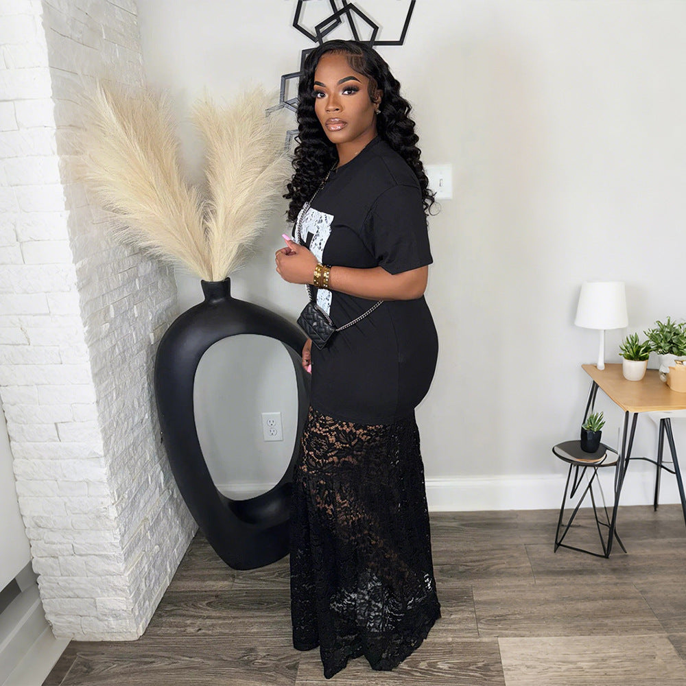 Graphic Print Crew Neck Short Sleeve T-Shirt Lace Skirt Maxi Dress 4
