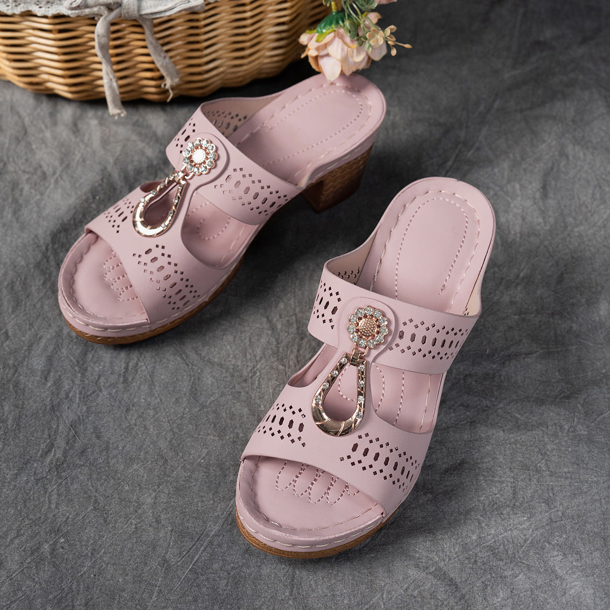 Open Toe Cut Out Embellished Block Heel Platform Slides