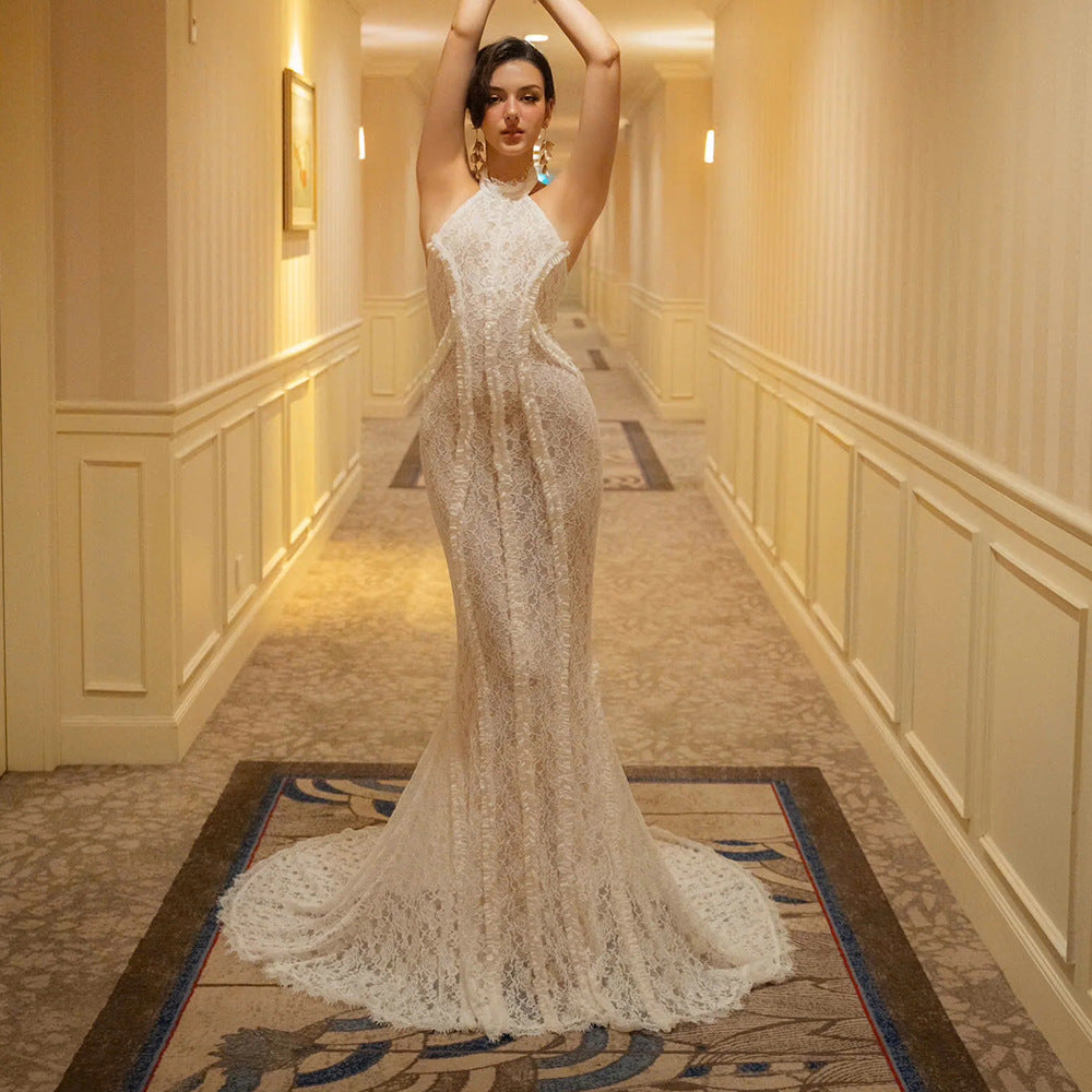 Lace Halter Neck Front Ruffle Mermaid Train Formal Gown