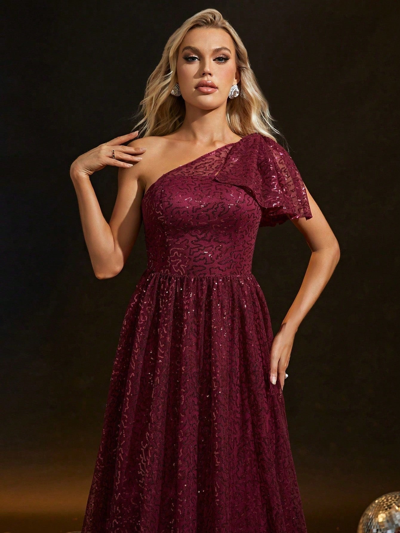 Sequin One Shoulder Cut Out Bow A-Line Maxi Gown