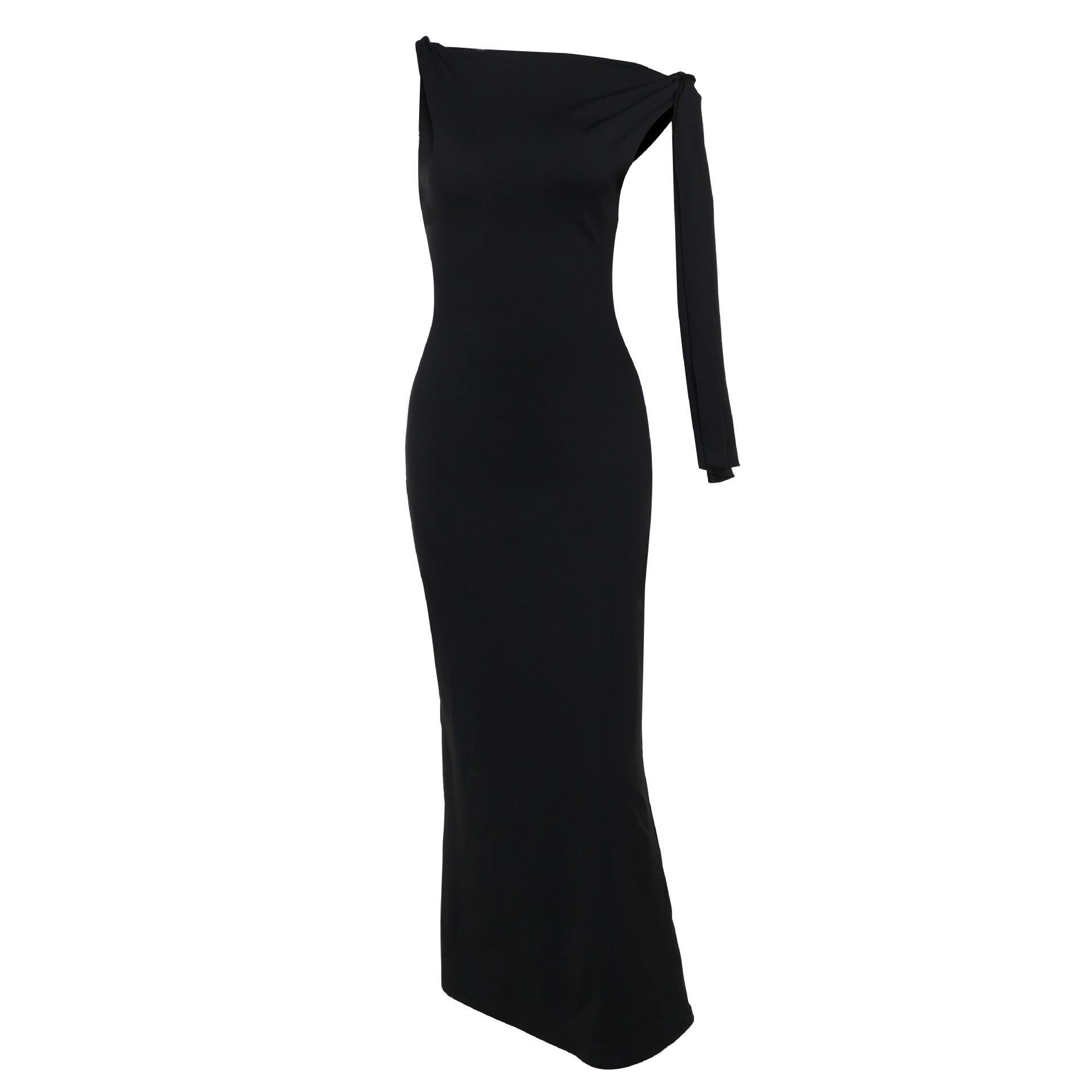 Sleeveless High Neck One Shoulder Tie Sash Bodycon Column Gown