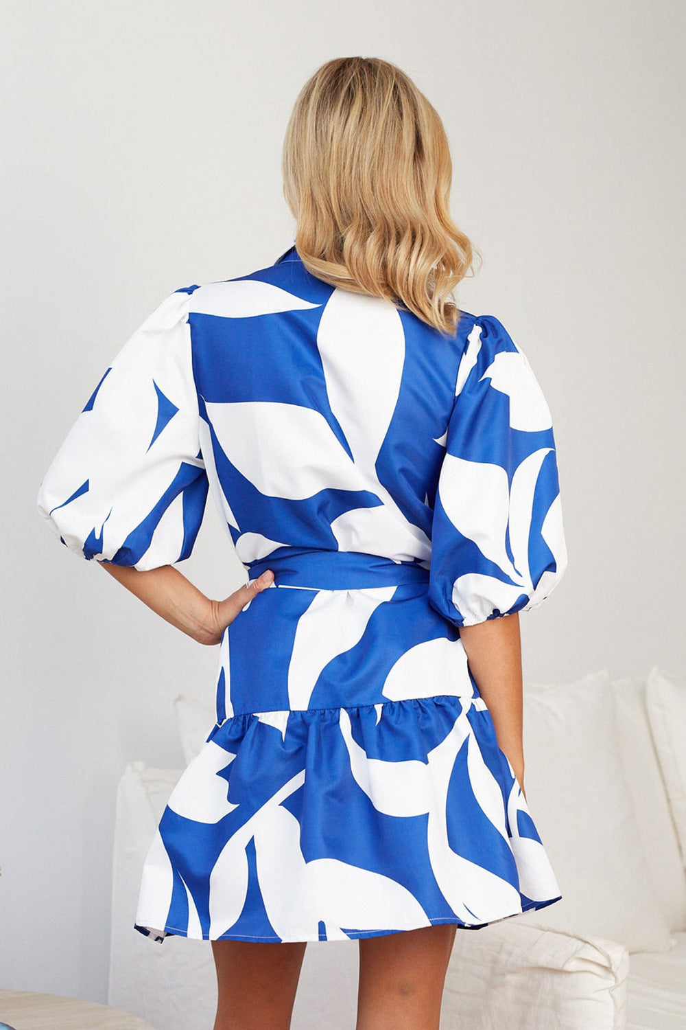Abstract Leaf Print Collared Puff Sleeve Tie Waist Mini Shirt Dress 2