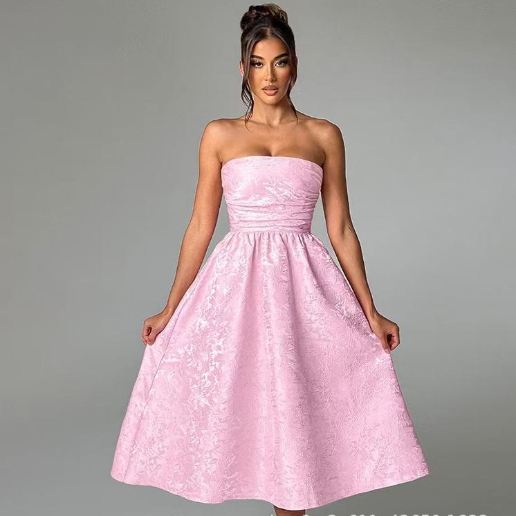 Jacquard Strapless Ruched Waist Fit and Flare Midi Dress