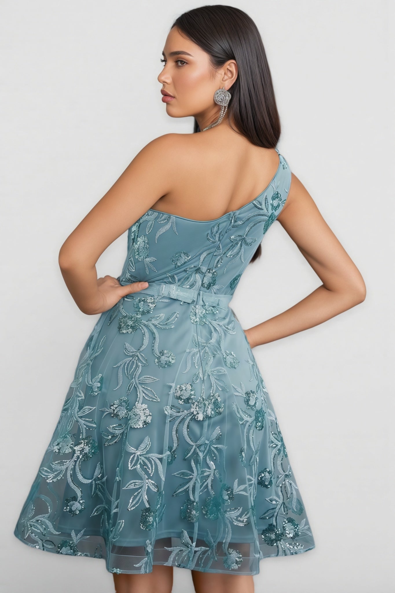Flinl Green One-Shoulder Mesh Mini Dress - View 5