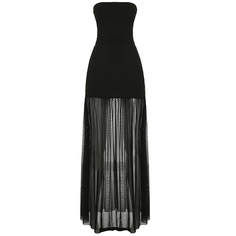 Strapless Ruched Bodycon Mesh Skirt High Split Maxi Dress 5