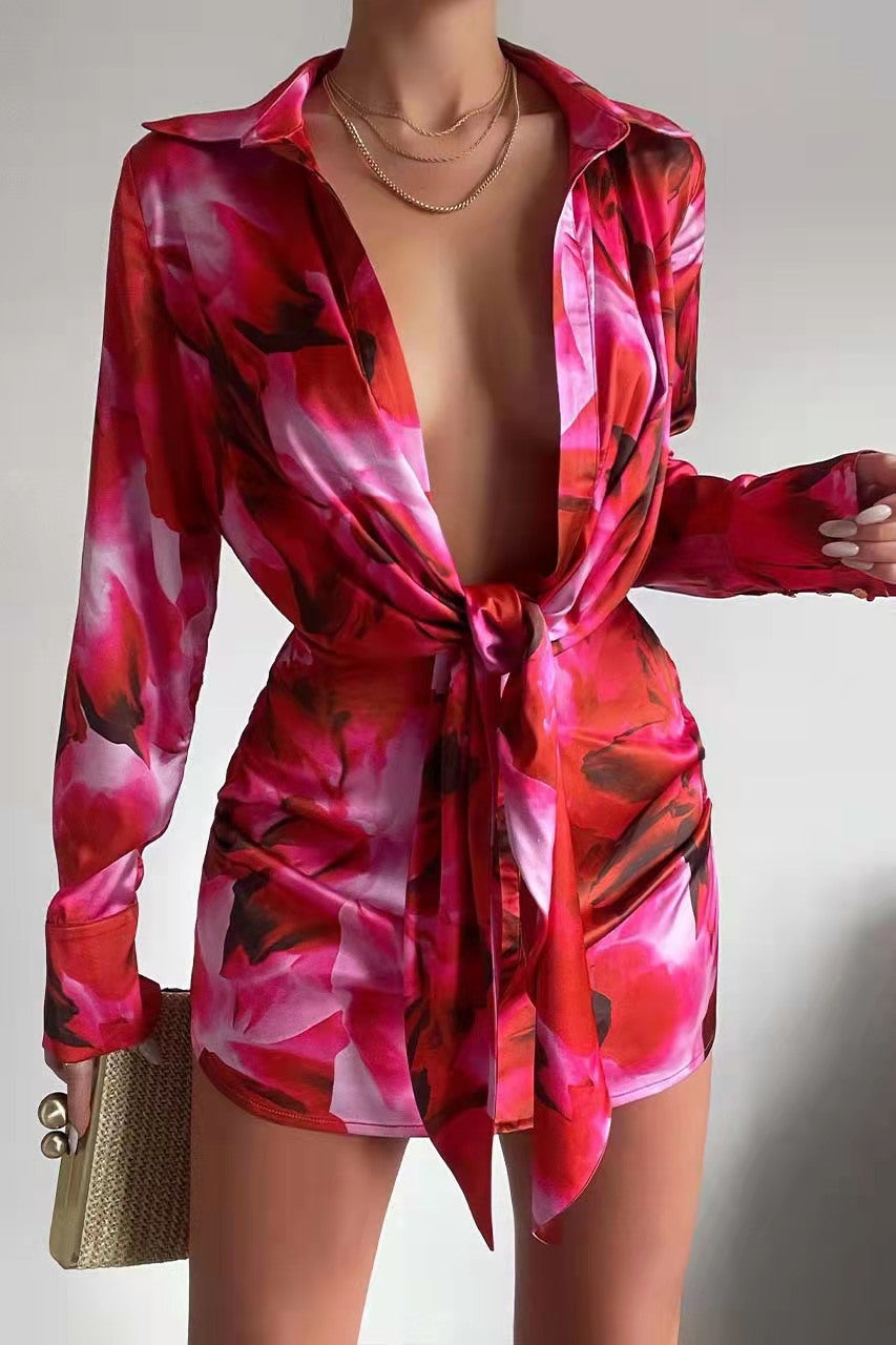 Abstract Print Satin Plunge Collared Tie Waist Long Sleeve Shirt Dress 2