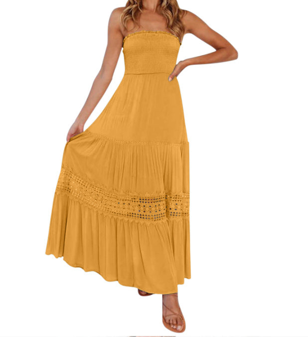 Strapless Smocked Bodice Crochet Lace Insert Tiered Boho Maxi Dress 11