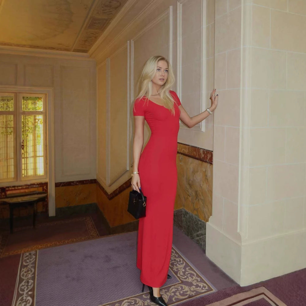 Scoop Neck Short Sleeve Fitted Bodycon Maxi T-Shirt Dress