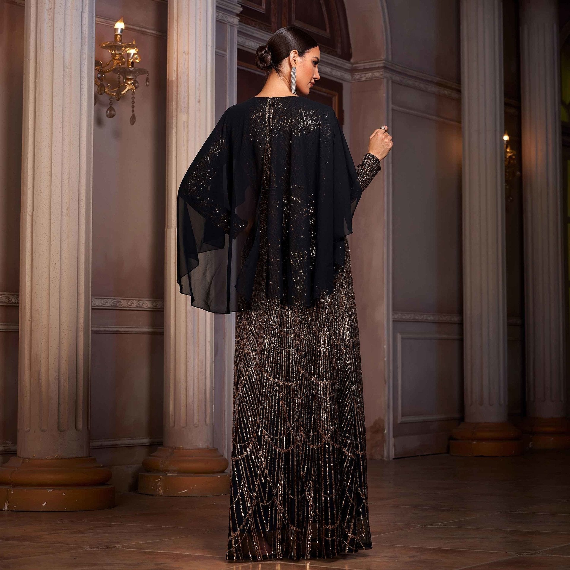 Sequin Round Neck Draped Cape Long Sleeve Sheath Evening Gown