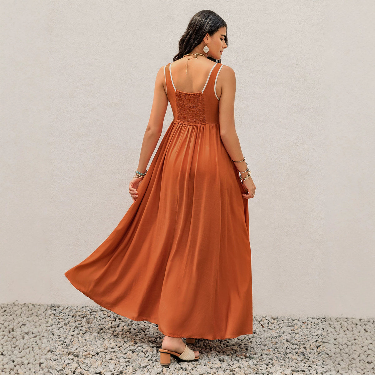 Contrast Piping Scoop Neck Sleeveless Lace Up Front Fit and Flare Maxi Dress 2