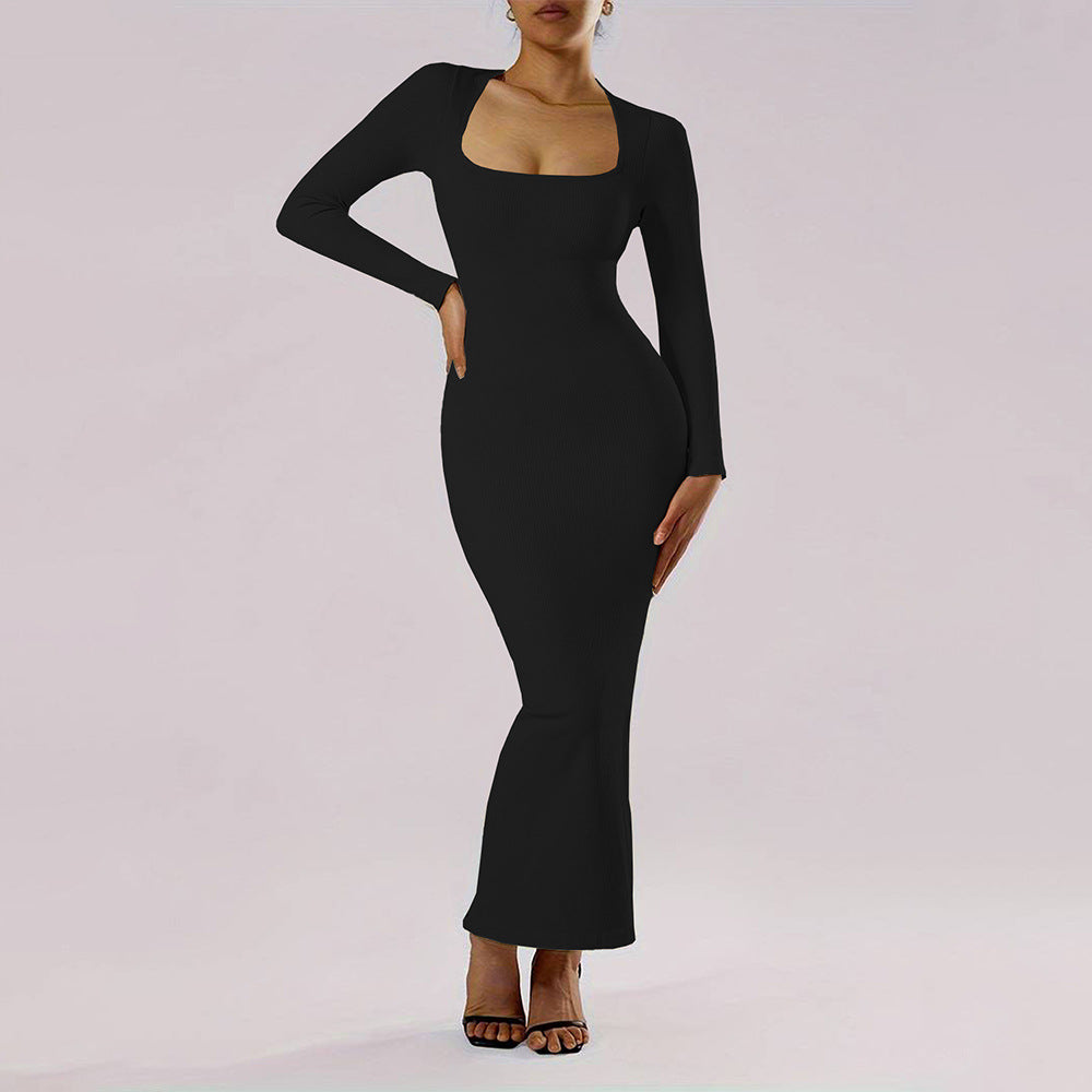 Square Neck Long Sleeve Ribbed Bodycon Mermaid Maxi Dress