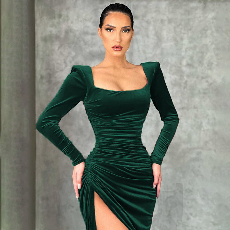 Velvet Square Neck Long Sleeve Ruched High Split Bodycon Midi Dress 6