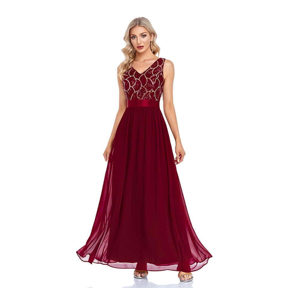 Sequin V-Neck Sleeveless Chiffon A-Line Maxi Gown