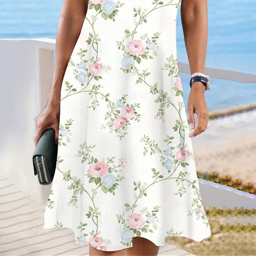 Floral Print Scalloped V-Neck Lace Sleeve A-Line Knee Length Dress