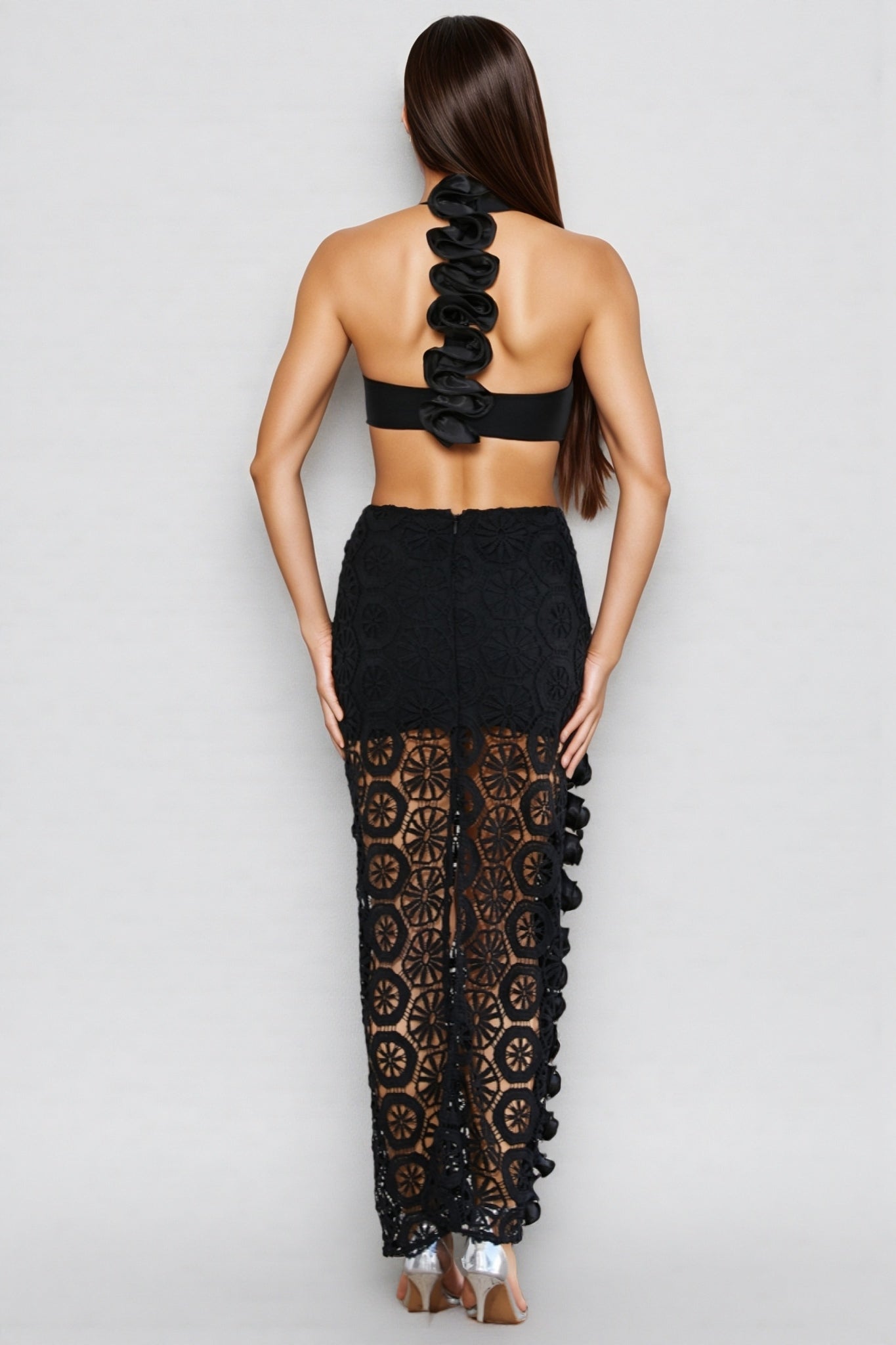 Yanld Black 3D Lace Ruffled Maxi Dress - View 6