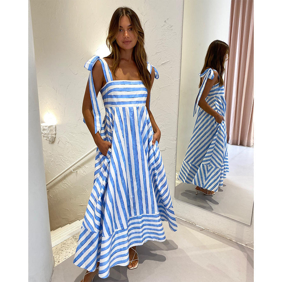 Striped Print Square Neck Tie Shoulder Pocket A-Line Maxi Dress