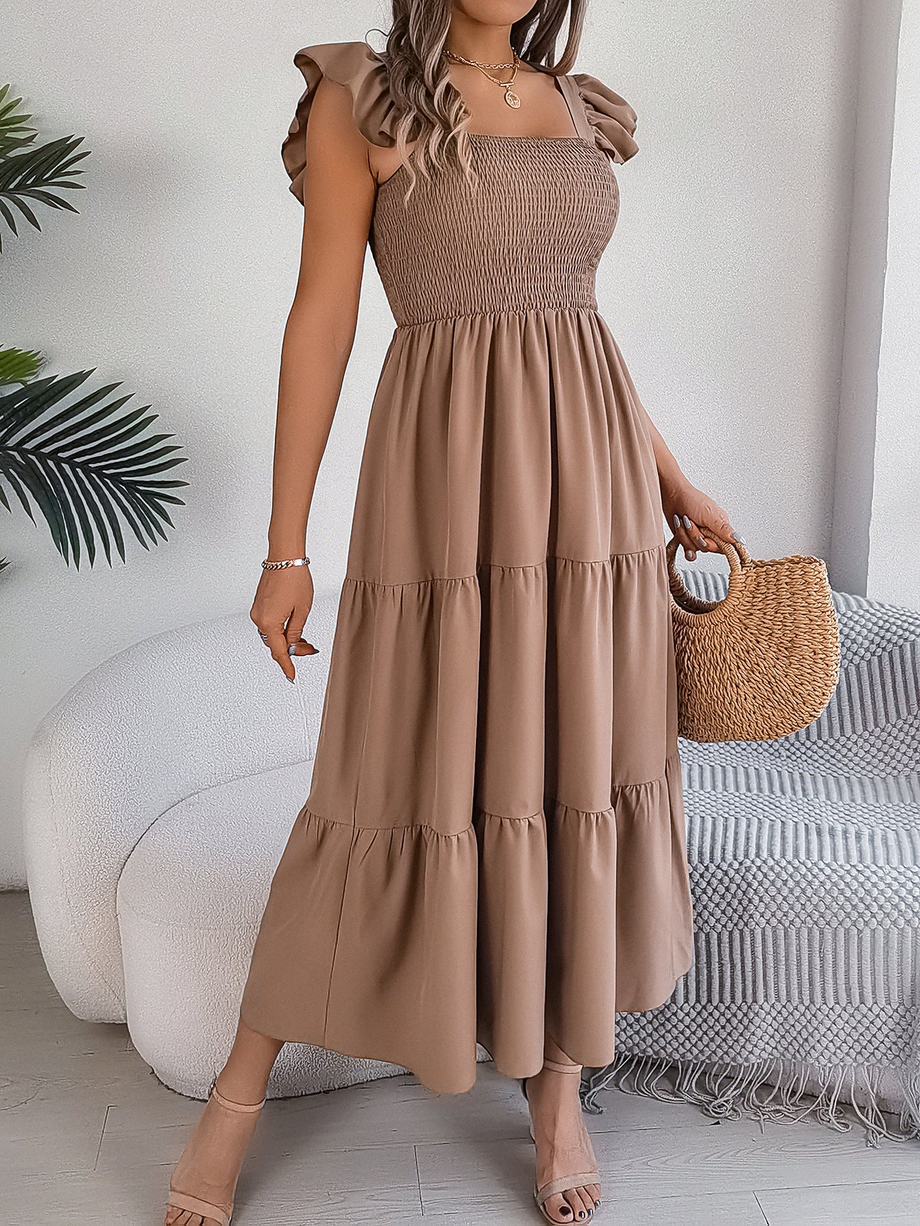 Square Neck Flutter Sleeve Smocked Bodice Tiered Maxi Dress 3