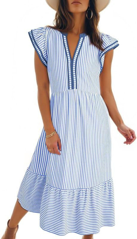 Striped Contrast Trim V-Neck Flutter Sleeve Ruffle Hem Midi Dress 5