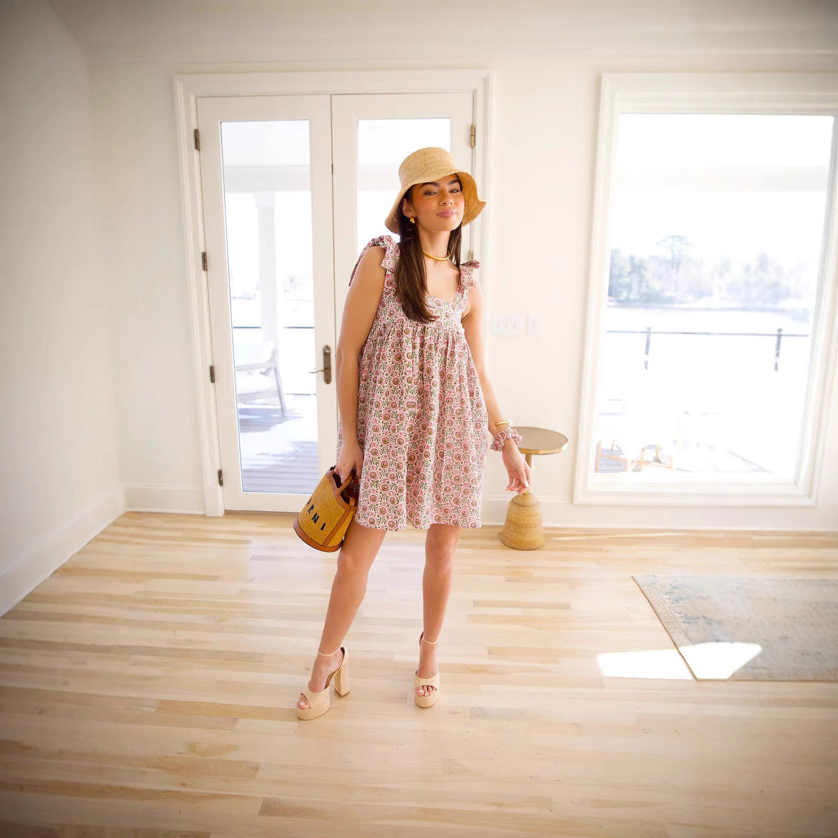 Spring Summer Women Clothing French Vintage Floral Printed Loose Casual Strap Dress