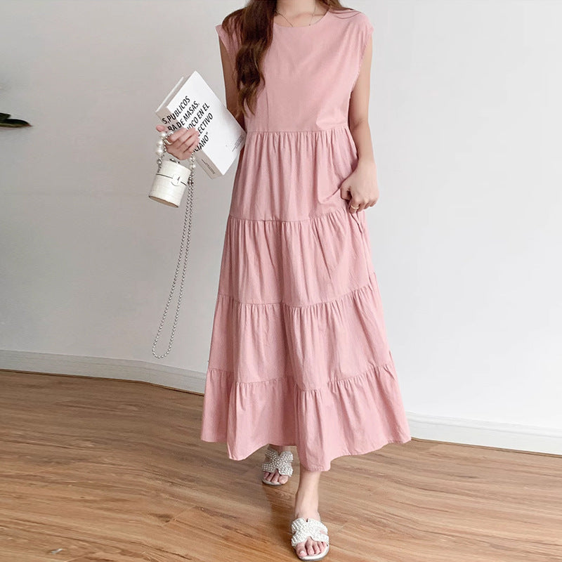 Crew Neck Sleeveless Tiered Ruffle Loose Midi Dress