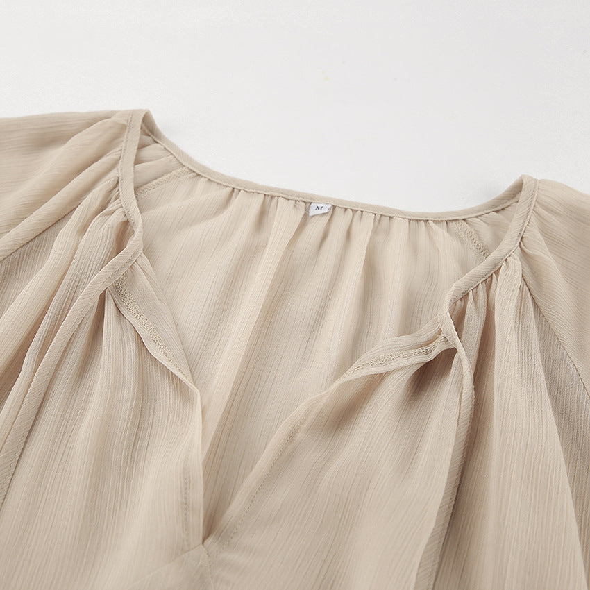 Sheer Tiered V-Neck Tie Neck Long Flared Ruffle Sleeve Maxi Dress