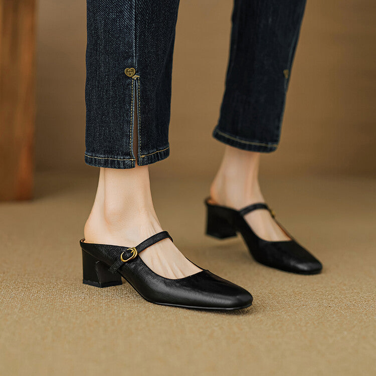 Square Toe Buckle Block Heel Mary Jane Mules