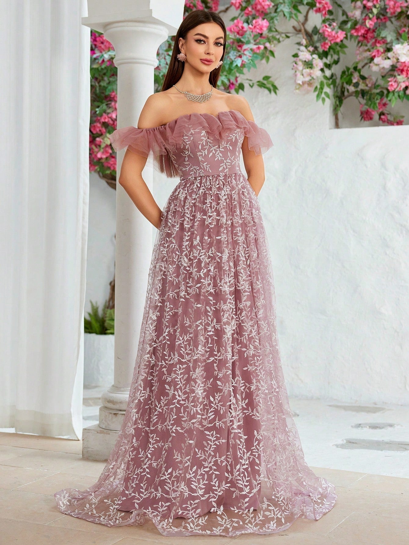 Embroidered Tulle Off Shoulder Ruffle A-Line Maxi Gown