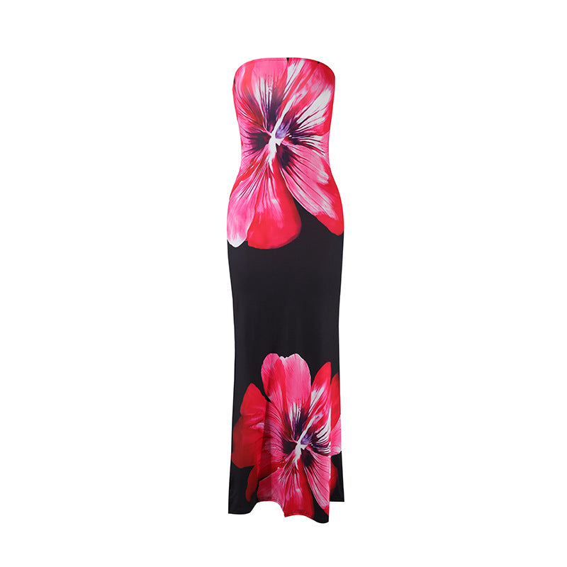 Large Flower Print Strapless Tube Bodycon Mermaid Maxi Dress 2