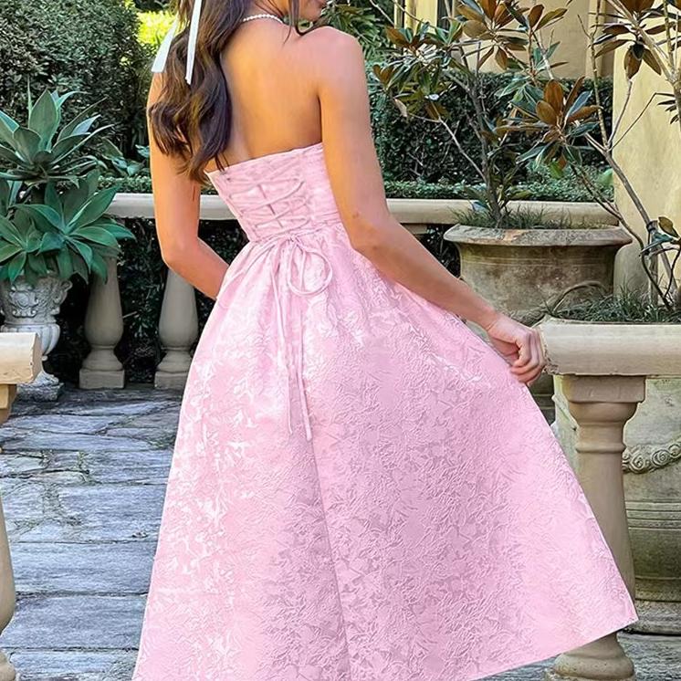 Jacquard Strapless Ruched Waist Fit and Flare Midi Dress