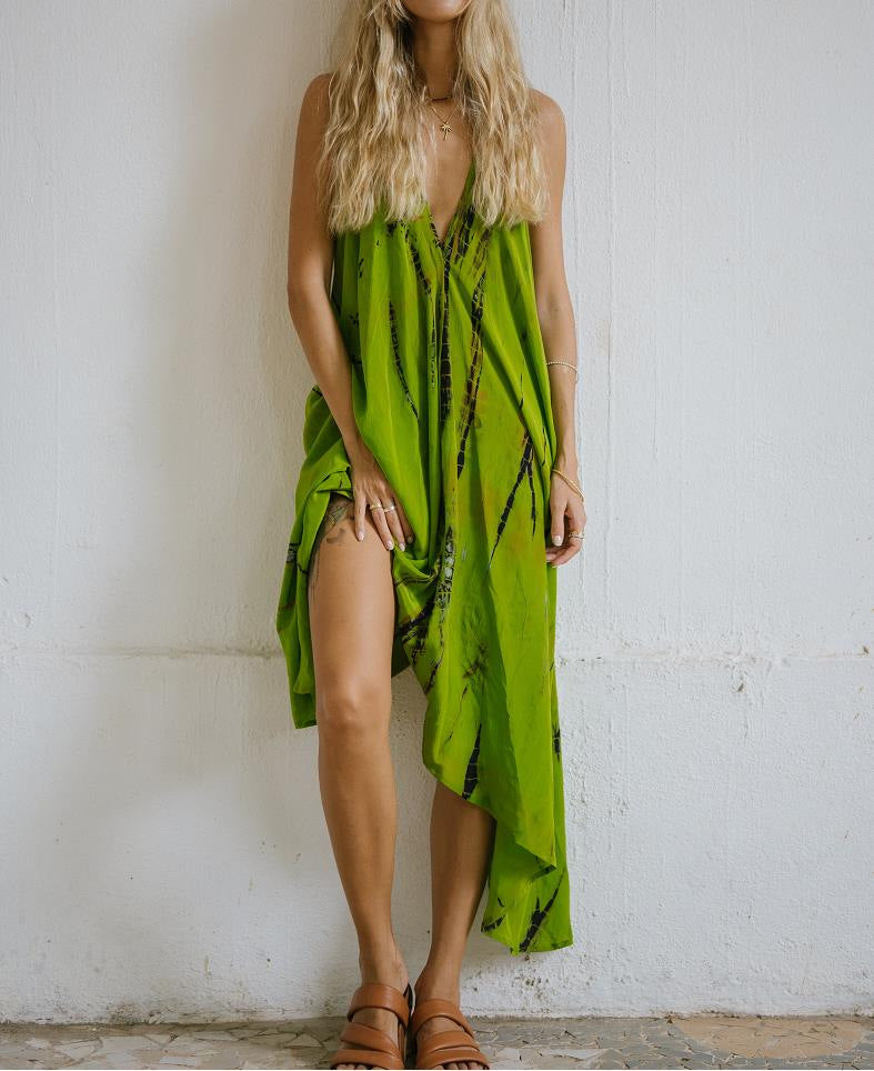 Tie Dye Deep V-Neck Sleeveless Backless Asymmetric Hem Midi Dress 9
