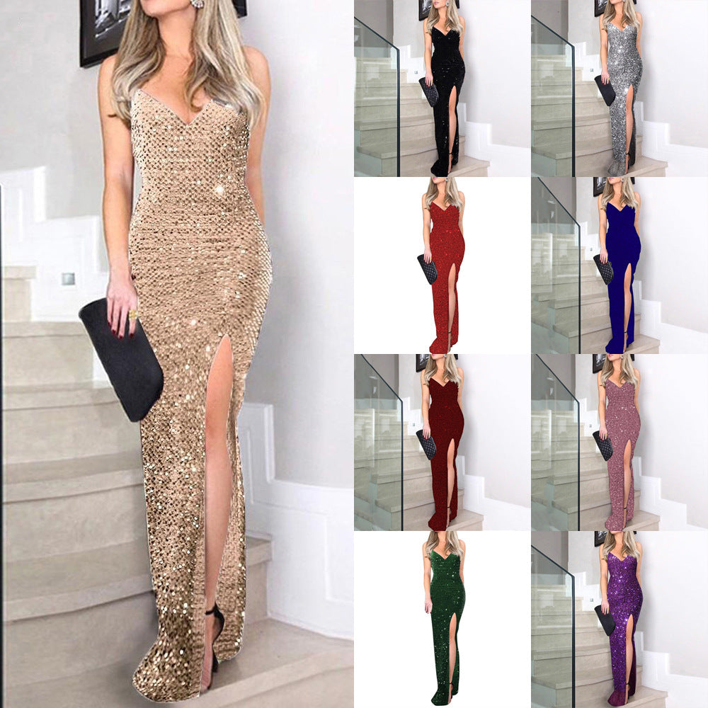 Sequin V-Neck Spaghetti Strap Ruched High Split Bodycon Maxi Dress