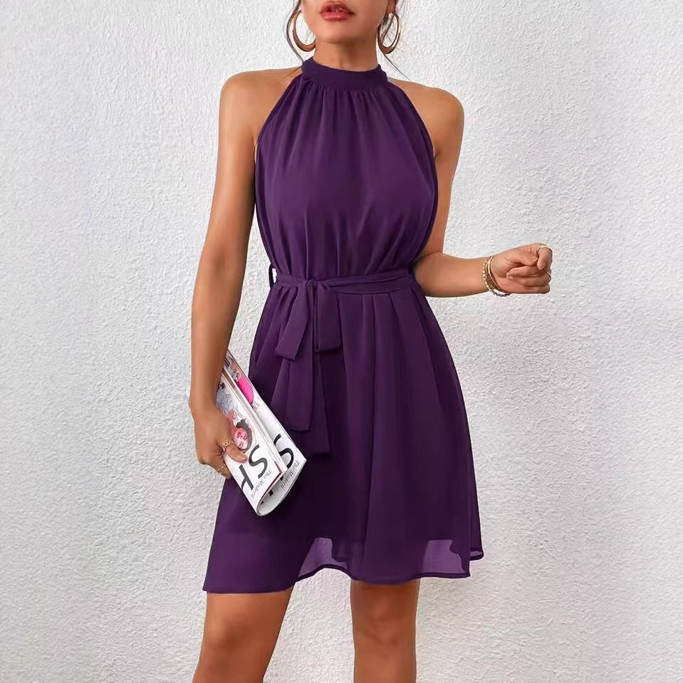 Chiffon Halter Neck Sleeveless Tie Waist A-Line Mini Dress